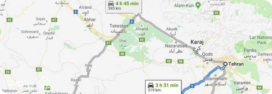 فاصله تهران تا همدان فاصله تهران تا همدان